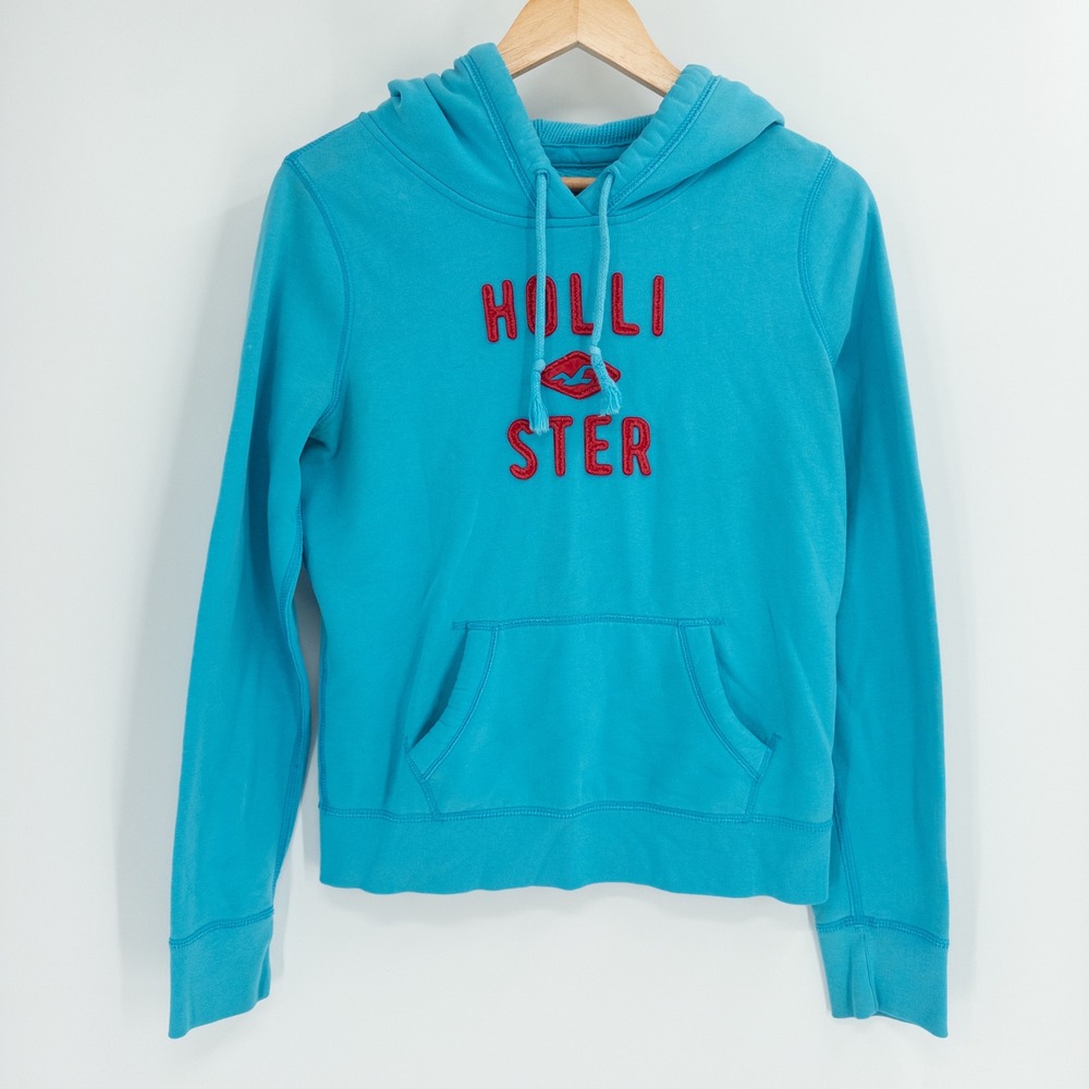Y2K Hollister Hoodie Women Large Blue Red Embroidered Logo Mall Surf Pullover